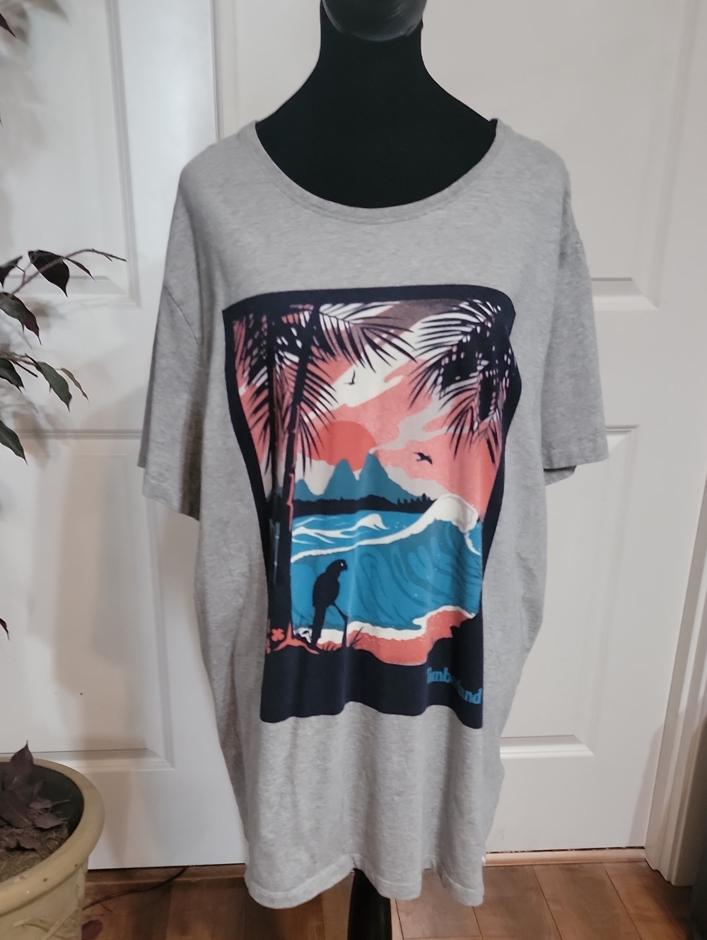 Timberland Gray Short-Sleeve Tee with Tropical Surf Graphic